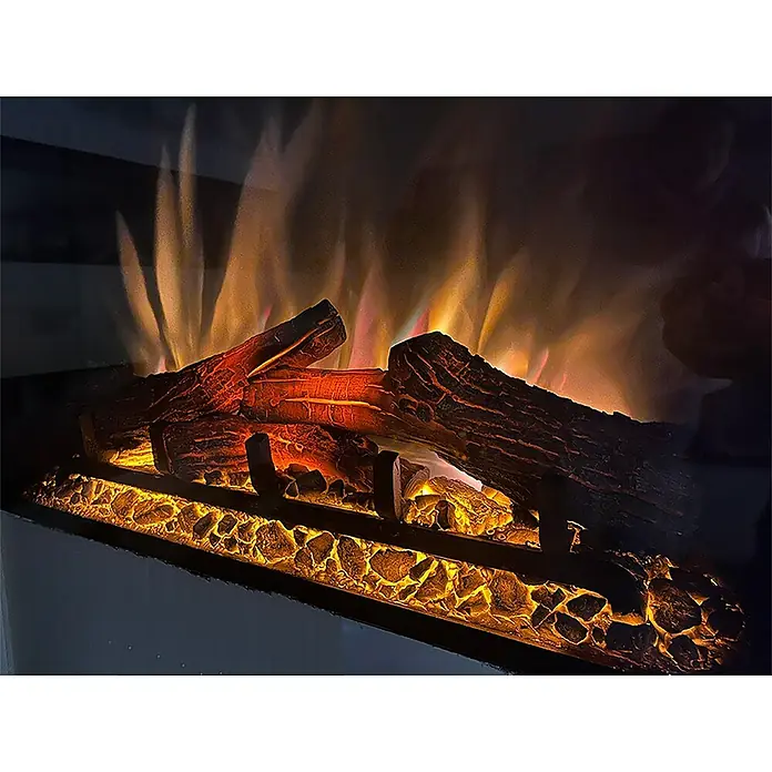 Nora Flames Chimenea eléctrica Popules 70 - Negro, 1.500 W, 18,9 x 72,2 x 51,7 cm - Primer plano de una chimenea eléctrica con troncos de imitación y llamas simuladas, creando un ambiente acogedor.