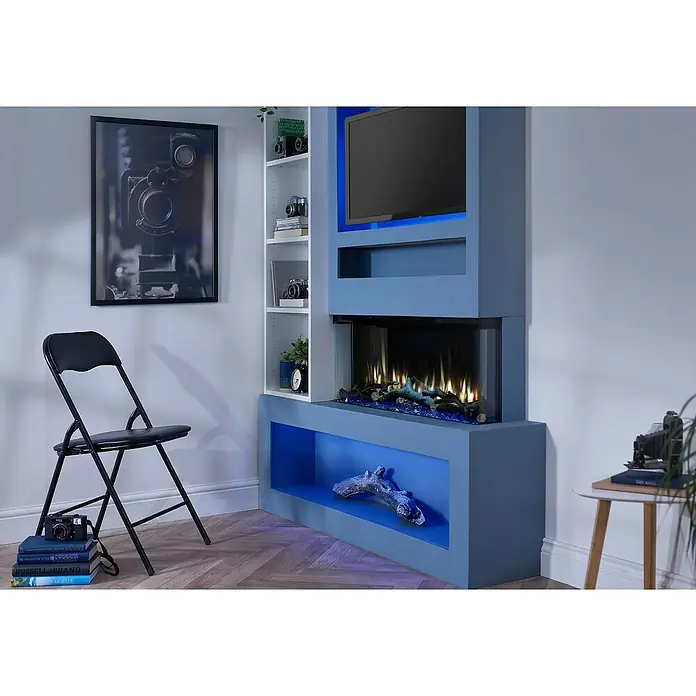 Charlton & Jenrick Chimenea eléctrica 4D i920E Slim - Negro, 1.500 W, 16,7 x 92 x 47,8 cm - Mueble multimedia azul con chimenea, TV y estanterías integradas. Un complemento elegante y moderno para cualquier salón.