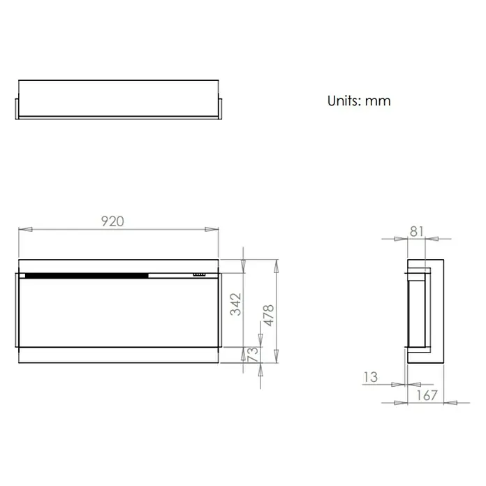 Charlton & Jenrick Chimenea eléctrica 4D i920E Slim - Negro, 1.500 W, 16,7 x 92 x 47,8 cm - Imagen del producto con dimensiones. El mueble de baño tiene 920 mm de ancho, 342 mm de alto, la profundidad es de 167 mm y la altura del panel adicional es de 73 mm.