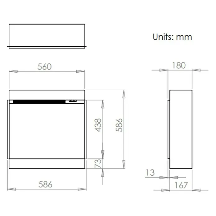 Charlton & Jenrick Chimenea eléctrica i560E Slim - Negro, 1.500 W, 18 x 58,6 x 58,6 cm - Dibujo técnico de un producto con dimensiones en milímetros, mostrando el tamaño y los detalles del diseño.