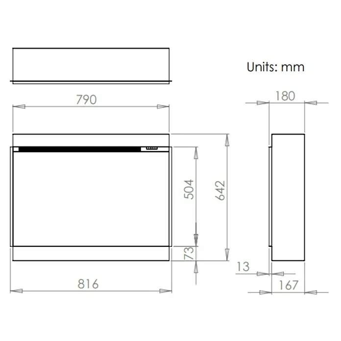 Charlton & Jenrick Chimenea eléctrica i790E Slim - Negro, 1.500 W, 18 x 81,6 x 64,2 cm - Imagen del producto con dimensiones en mm: 816 x 180 x 642. Dibujo técnico de un artículo que indica el tamaño.