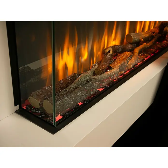 Charlton & Jenrick Chimenea eléctrica i1100E Slim - Negro, 1.500 W, 18,7 x 113,4 x 47,8 cm - Primer plano de una moderna chimenea eléctrica, con troncos simulados y llamas parpadeantes para un ambiente acogedor.