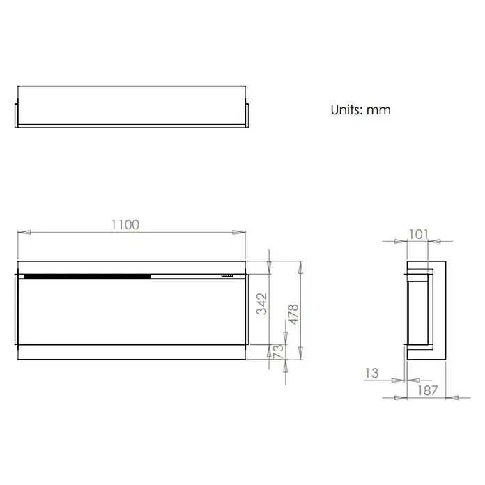 Charlton & Jenrick Chimenea eléctrica i1100E Slim - Negro, 1.500 W, 18,7 x 113,4 x 47,8 cm - Diagrama que muestra un lavabo con dimensiones de 1100 mm de largo, 478 mm de alto y 187 mm de profundidad, presentado en un dibujo técnico.