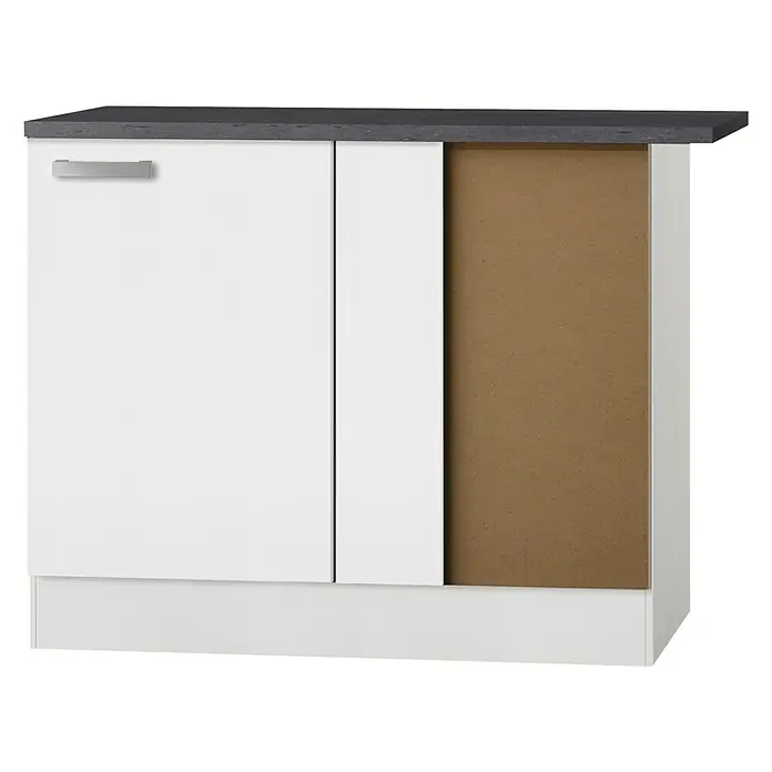 Optifit Oslo Eck-Unterschrank - 60 x 100 x 84,8 cm, Weiß - Ein weißer Unterschrank mit einer grauen Arbeitsplatte und einem silbernen Griff. Die offene Seite gibt den Blick auf das Innenleben frei.
