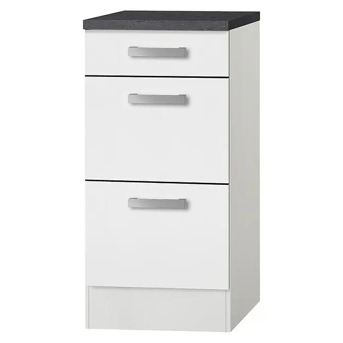 Optifit Oslo Küchen-Unterschrank - B x T x H: 40 x 60 x 84,8 cm, Weiß - Ein kompakter, weißer Schubladenschrank mit drei Schubladen und einer dunklen Arbeitsplatte, ideal für zusätzlichen Stauraum.