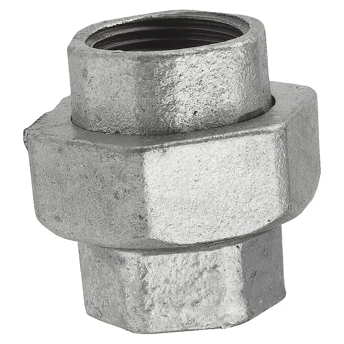 Kirchhoff Rohrverschraubung Flachdichtend - Innengewinde: ½″, Verzinkt - Nahaufnahme einer robusten, verzinkten Rohrverschraubung mit Gewinde, die für langlebige und sichere Verbindungen in Rohrleitungssystemen sorgt.
