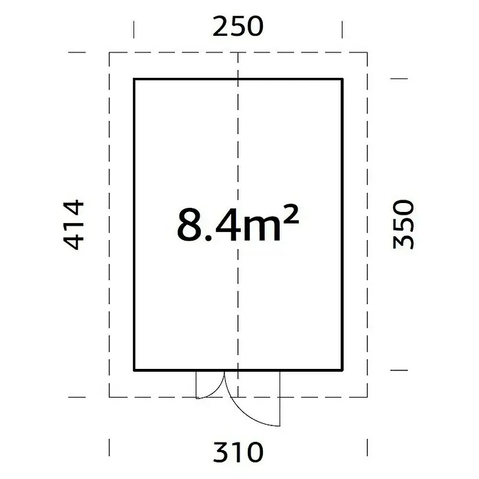 Palmako Gerätehaus Samuel - Außenbreite inkl. Dachüberstand: 310 cm, Außentiefe inkl. Dachüberstand: 414 cm, Holz, Naturbelassen - Grundriss eines rechteckigen Raumes mit einer Fläche von 8,4 m², umgeben von gestrichelten Linien, die die Abmessungen 414 und 250 zeigen.