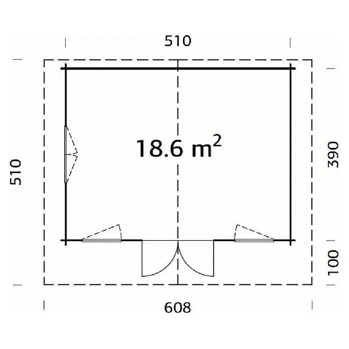 Palmako Gartenhaus - Außenmaß inkl. Dachüberstand (B x T): 608 x 554 cm, Holz, Natur, tauchgrundiert - Grundriss des Gartenhauses mit den Maßen 510 x 390 cm und einer Fläche von 18,6 m².