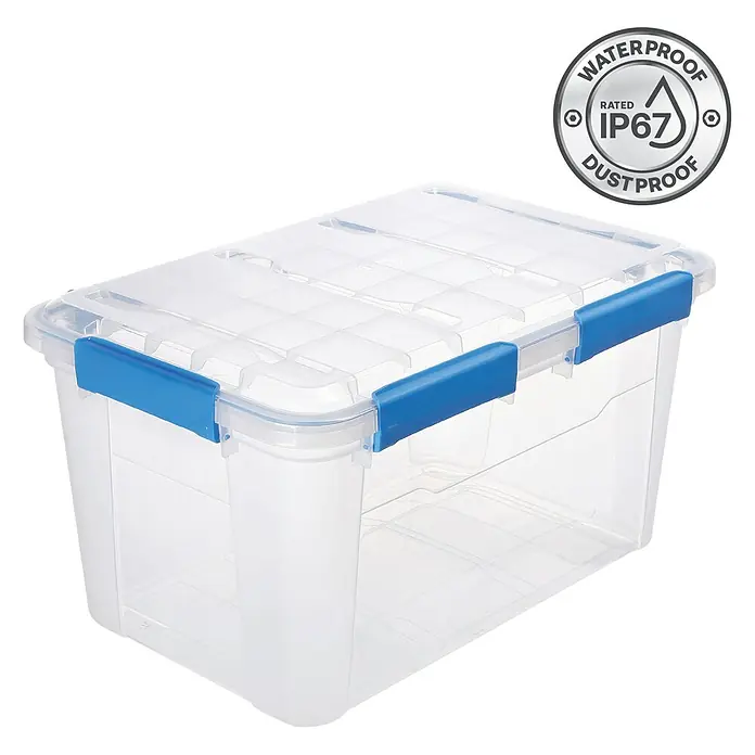 Aufbewahrungsbox Wasserdicht - L x B x H: 57,8 x 38,2 x 31,8 cm, Kunststoff, Transparent - Ein durchsichtiger, wasserdichter und staubdichter Aufbewahrungsbehälter mit blauem Verschluss, ideal für die Lagerung verschiedener Gegenstände.