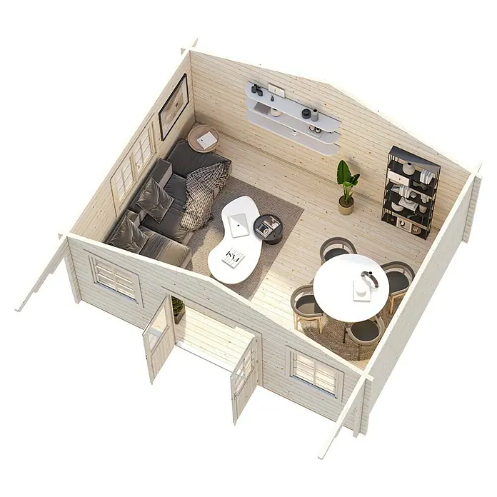 Palmako Gartenhaus - Außenmaß inkl. Dachüberstand (B x T): 608 x 554 cm, Holz, Natur, tauchgrundiert - Ansicht eines Holzhauses mit Wohnbereich mit Sofa, Couchtisch und Essbereich mit Esstisch und Stühlen.