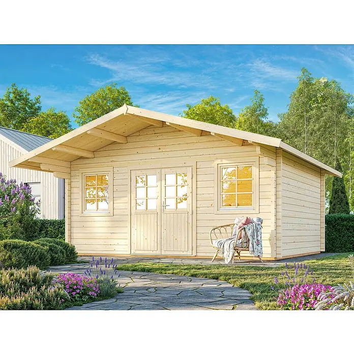 Palmako Gartenhaus - Außenmaß inkl. Dachüberstand (B x T): 608 x 554 cm, Holz, Natur, tauchgrundiert - Holzgartenhaus mit Doppeltür und Fenstern, umgeben von einem gepflegten Garten mit Blumen. Einladender Rückzugsort im Grünen.
