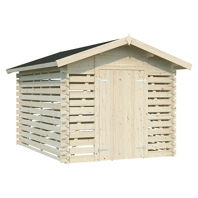 Palmako Gerätehaus Samuel - Außenbreite inkl. Dachüberstand: 310 cm, Außentiefe inkl. Dachüberstand: 414 cm, Holz, Naturbelassen - Ein geräumiges Holzlager mit Tür, ideal für die Lagerung von Brennholz und Gartengeräten im Außenbereich.