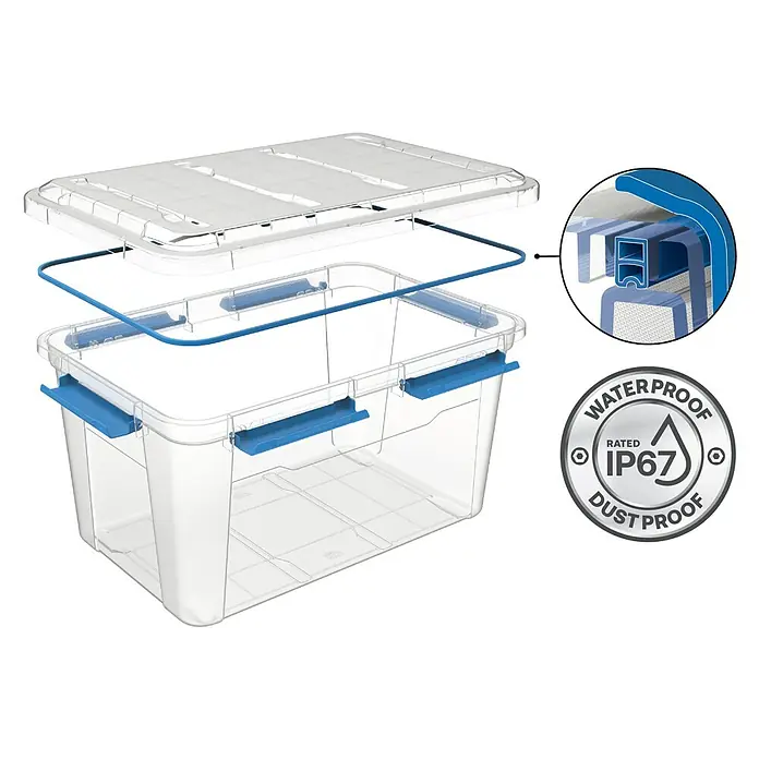 Aufbewahrungsbox Wasserdicht - L x B x H: 57,8 x 38,2 x 21,7 cm, Kunststoff, Transparent - Ein durchsichtiger, wasserdichter IP67-Aufbewahrungsbehälter mit blauem Dichtungsring und Verschlüssen für sichere Lagerung.