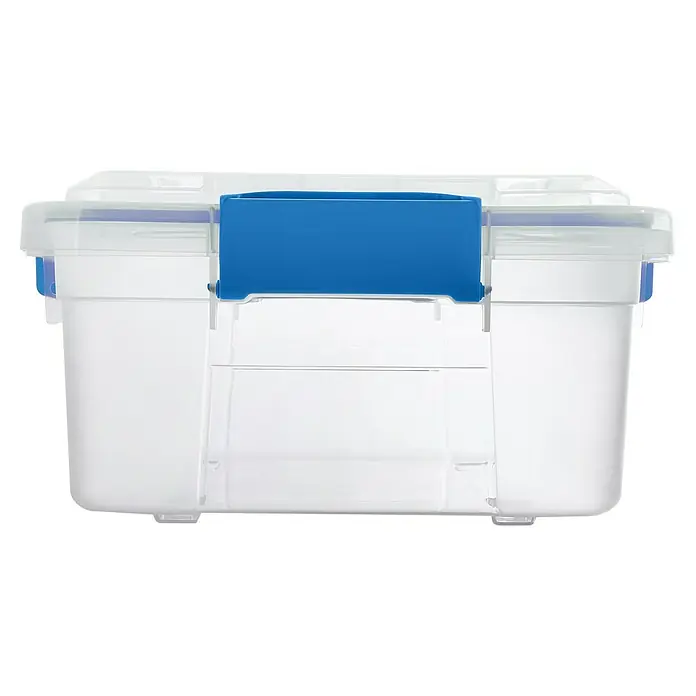 Aufbewahrungsbox Wasserdicht - L x B x H: 38,2 x 28,8 x 15,3 cm, Kunststoff, Transparent - Die Abbildung zeigt eine transparente Aufbewahrungsbox mit blauem Verschluss. Sie ist ideal für die Organisation von Gegenständen im Haushalt oder Büro.