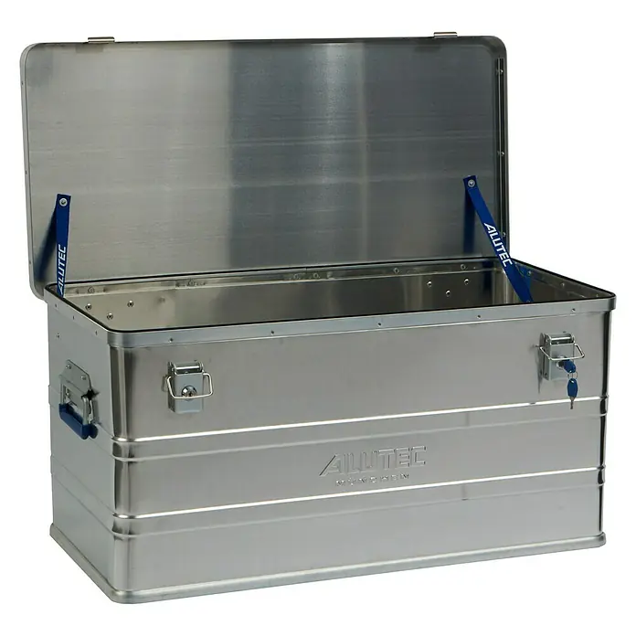 Alutec München Aufbewahrungs- & Transportbox Classic 93 - L x B x H: 775 x 385 x 375 mm, 93 l, Aluminium - Offene Aluminiumkiste von Alutec. Der robuste Transportbehälter hat einen Deckel und Tragegriffe, ideal für Lagerung und Transport.