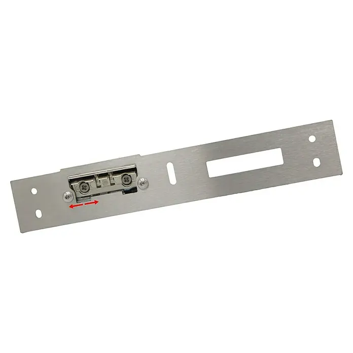 Splendoor Tagesfalle - Passend für: Splendoor Haustüren Thermodoor PLUS, DIN Anschlag: Links - Nahaufnahme einer Schubladenschiene aus Metall mit einem darauf montierten Schubladenauszug. Gut zu sehen sind die Befestigungsschrauben und die Bewegungspfeile.