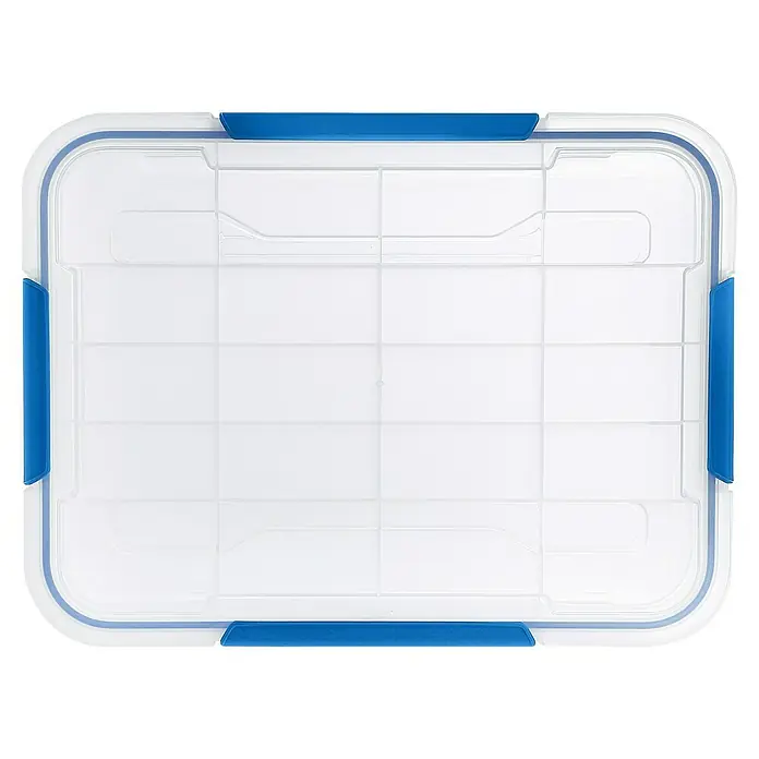 Aufbewahrungsbox Wasserdicht - L x B x H: 38,2 x 28,8 x 15,3 cm, Kunststoff, Transparent - Obenansicht einer transparenten Aufbewahrungsbox mit blauen Akzenten, ideal für die Organisation verschiedener Gegenstände und zur Lagerung.