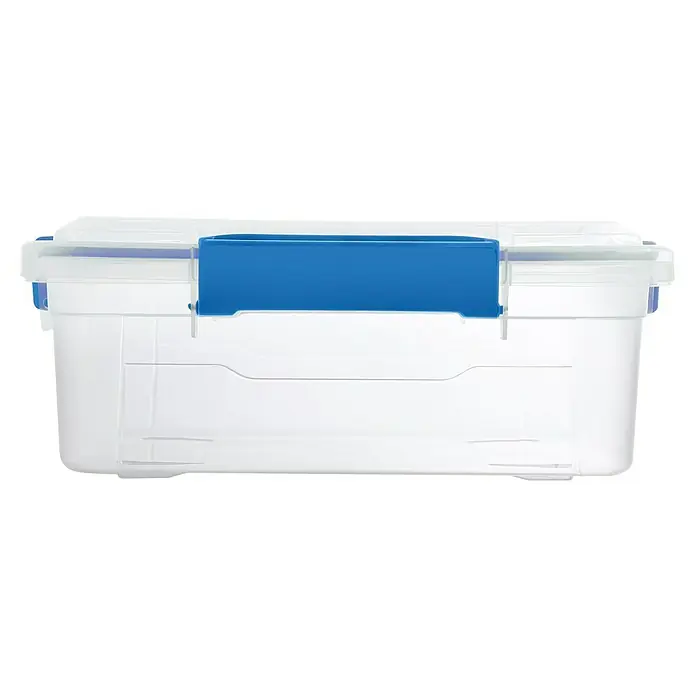 Aufbewahrungsbox Wasserdicht - L x B x H: 38,2 x 28,8 x 15,3 cm, Kunststoff, Transparent - Ein transparent-weißer Kunststoffbehälter mit blauem Verschluss zur Aufbewahrung verschiedener Gegenstände im Haushalt oder Büro.