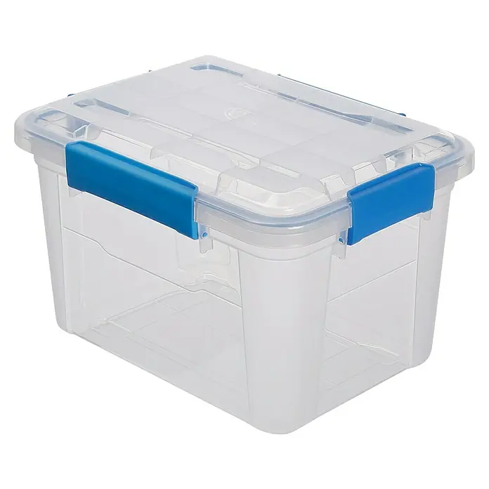 Aufbewahrungsbox Wasserdicht - L x B x H: 38,2 x 28,8 x 24,3 cm, Kunststoff, Transparent - Klarsichtbox mit blauem Verschluss, ideal zur Aufbewahrung und Organisation von Gegenständen im Haushalt oder Büro.