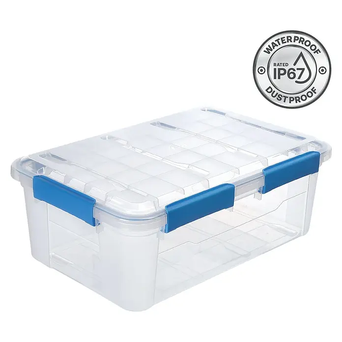 Aufbewahrungsbox Wasserdicht - L x B x H: 57,8 x 38,2 x 21,7 cm, Kunststoff, Transparent - Klare Aufbewahrungsbox aus Kunststoff mit blauem Verschluss, wasserdicht und staubdicht, ideal zur Aufbewahrung.