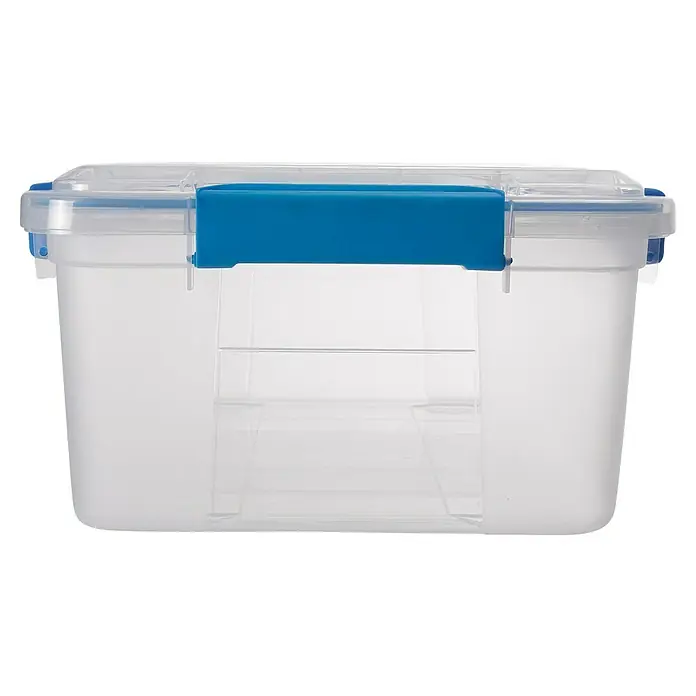 Aufbewahrungsbox Wasserdicht - L x B x H: 57,8 x 38,2 x 21,7 cm, Kunststoff, Transparent - Transparente Aufbewahrungsbox mit blauem Deckel und Verschluss zur sicheren Lagerung von Gegenständen.
