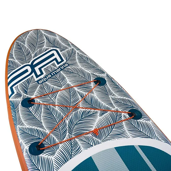 Aqua Marina SUP-Board Pure Air Tropic 10,6" - L x B x H: 320 x 81 x 15 cm, Nutzlast: 140 kg, 1 Stk., Aufblasen - Detailaufnahme eines Aqua Marina Paddleboards mit blattförmigem Muster, orangefarbenen Akzenten und Befestigungsseilen.