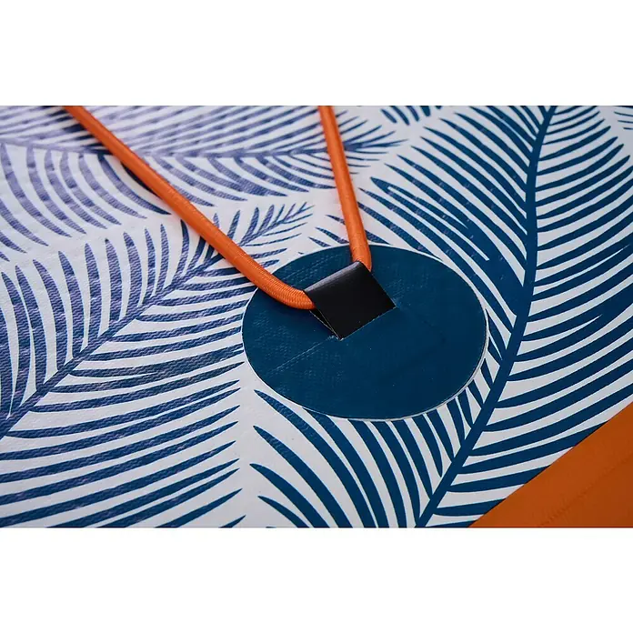 Aqua Marina SUP-Board Pure Air Tropic 10,6" - L x B x H: 320 x 81 x 15 cm, Nutzlast: 140 kg, 1 Stk., Aufblasen - Detailaufnahme eines SUP-Boards mit blauem Palmenmuster, orangefarbener Kordel und dunklem Knopf. Ideal für Wassersportler und Sommerabenteuer.