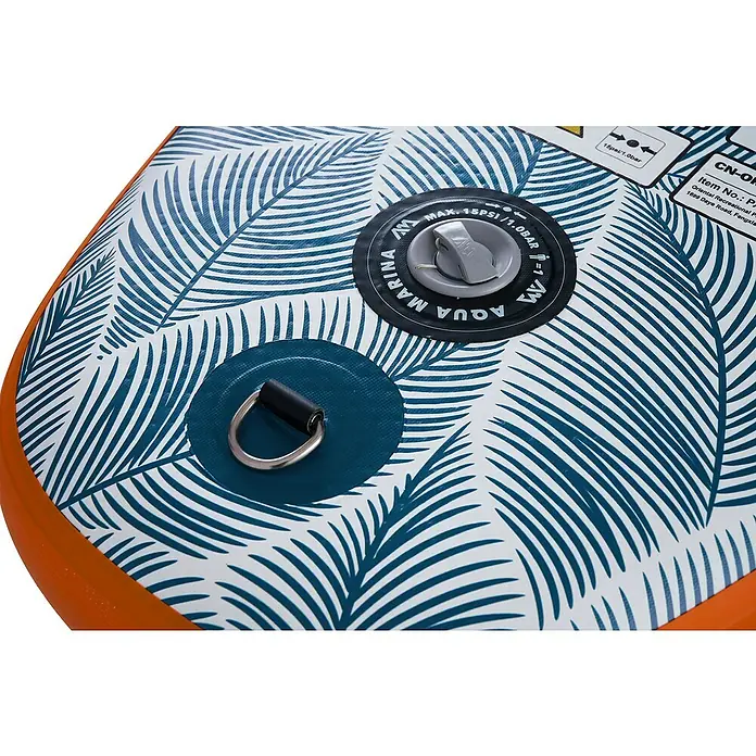 Aqua Marina SUP-Board Pure Air Tropic 10,6" - L x B x H: 320 x 81 x 15 cm, Nutzlast: 140 kg, 1 Stk., Aufblasen - Nahaufnahme eines Aqua Marina Paddleboards mit tropischem Muster, Ventil und D-Ring für Zubehör.