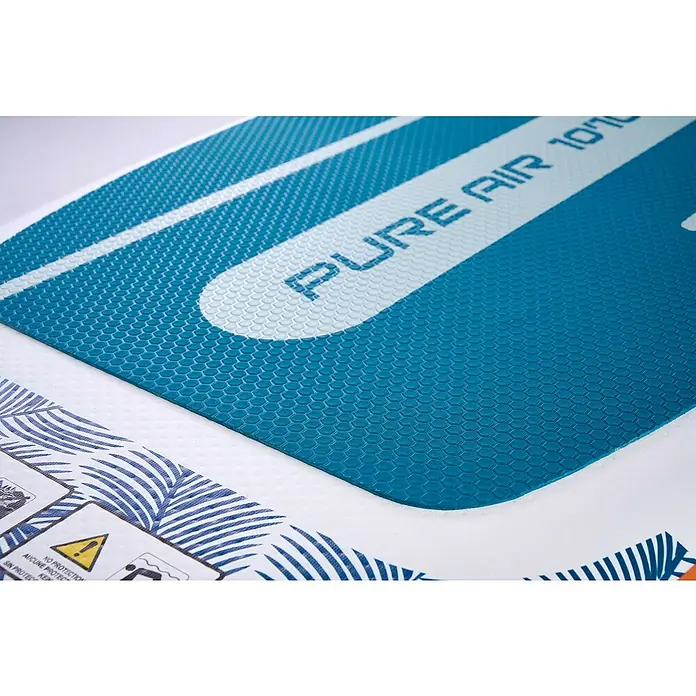 Aqua Marina SUP-Board Pure Air Tropic 10,6" - L x B x H: 320 x 81 x 15 cm, Nutzlast: 140 kg, 1 Stk., Aufblasen - Detailaufnahme eines "PURE AIR 10'10" Stand-Up-Paddle-Boards" mit blauem Wabendesign für optimalen Halt und Komfort.