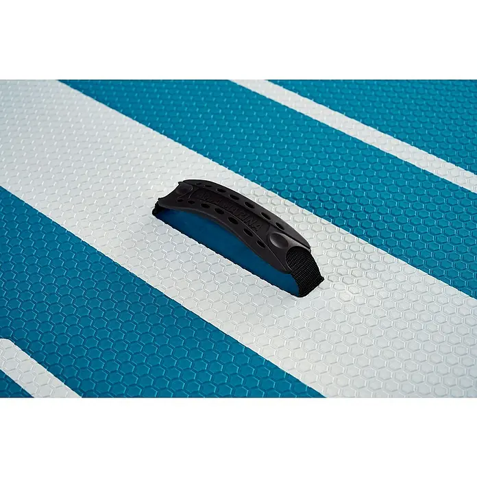 Aqua Marina SUP-Board Pure Air Tropic 10,6" - L x B x H: 320 x 81 x 15 cm, Nutzlast: 140 kg, 1 Stk., Aufblasen - Nahaufnahme eines Aqua Marina Paddleboards mit blau-weißen Streifen und einem schwarzen Tragegriff.