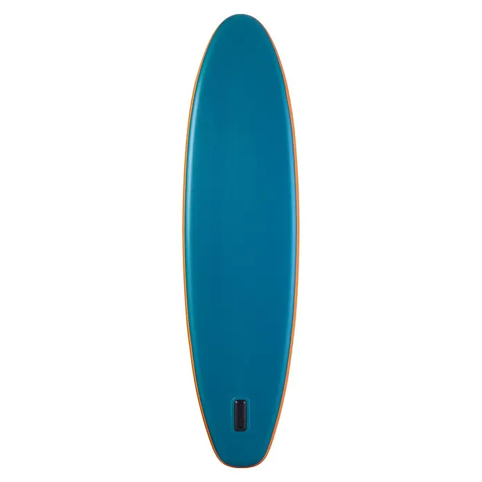 Aqua Marina SUP-Board Pure Air Tropic 10,6" - L x B x H: 320 x 81 x 15 cm, Nutzlast: 140 kg, 1 Stk., Aufblasen - Nahaufnahme eines türkisfarbenen Paddleboards mit orangenfarbenem Rand. Ideal für Wassersportarten wie Stand-Up-Paddling.