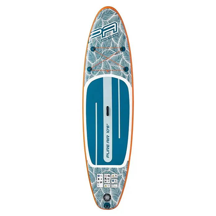Aqua Marina SUP-Board Pure Air Tropic 10,6" - L x B x H: 320 x 81 x 15 cm, Nutzlast: 140 kg, 1 Stk., Aufblasen - Nahaufnahme eines Aqua Marina Pure Air 10'6" Stand-Up-Paddle-Boards mit auffälligem Blattmuster und orangefarbenen Akzenten.