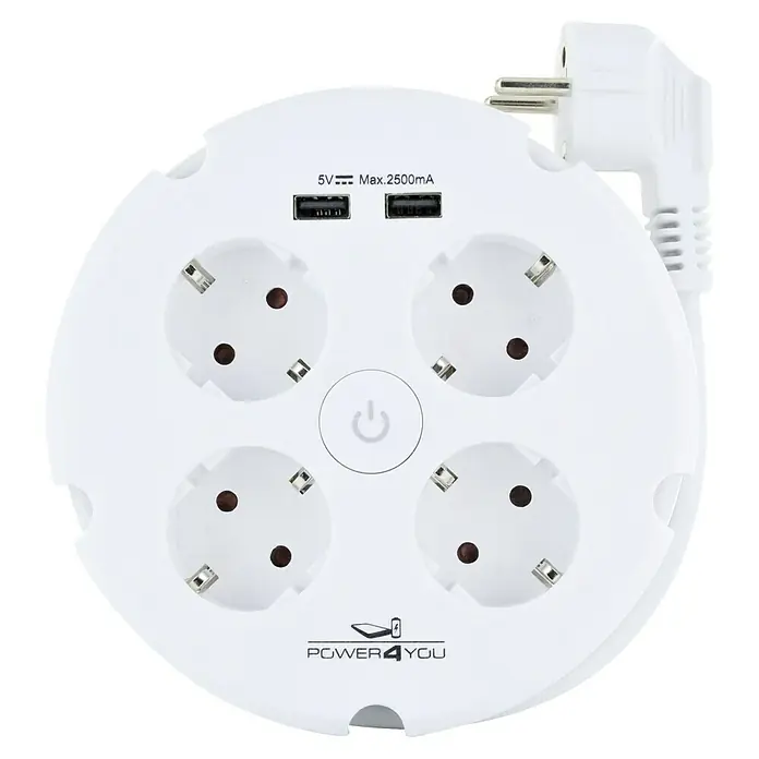 Schwaiger Mehrfachstecker - 1 x Schukostecker (Typ F), USB-A-Buchse (2 Stk.), Weiß - Weiße runde Steckdosenleiste mit vier Steckplätzen, zwei USB-Anschlüssen, einem Netzschalter und einem Stecker.