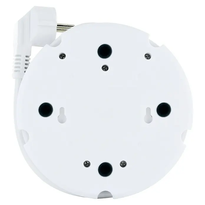 Schwaiger Mehrfachstecker - 1 x Schukostecker (Typ F), USB-A-Buchse (2 Stk.), Weiß - Ansicht der Unterseite einer runden, weißen Steckdosenleiste mit Montageöffnungen und einem Netzkabel.
