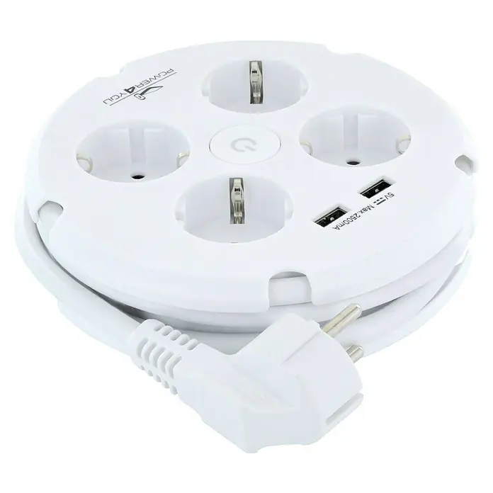 Schwaiger Mehrfachstecker - 1 x Schukostecker (Typ F), USB-A-Buchse (2 Stk.), Weiß - Weißer, runder Power4You Mehrfachstecker mit vier Steckdosen und USB-Anschlüssen für das Aufladen verschiedener Geräte.