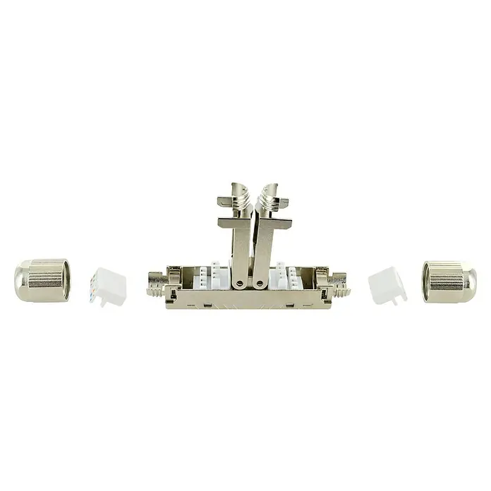 Schwaiger Kabelverbinder CAT 6A Keystone Netzwerkkabelverbinder - Geschirmt - Nahaufnahme eines RJ45-Verbindungsstücks, das die Details der Verkabelung und des Anschlussmechanismus für Netzwerkverbindungen zeigt.