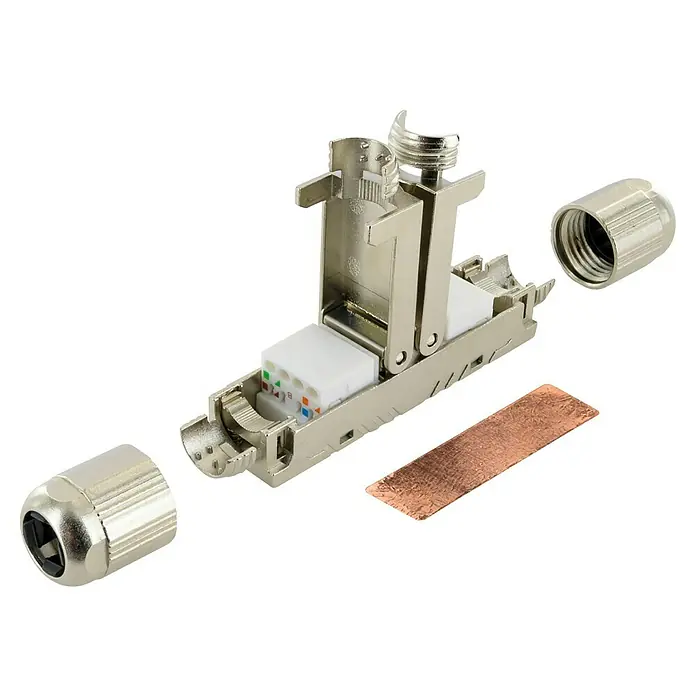 Schwaiger Kabelverbinder CAT 6A Keystone Netzwerkkabelverbinder - Geschirmt - Abgebildeter Cat.6A-Keystone-Stecker für eine zuverlässige Netzwerkverbindung. Robustes Design mit abschirmender Hülle und farbcodierten Kontakten für einfache Installation.