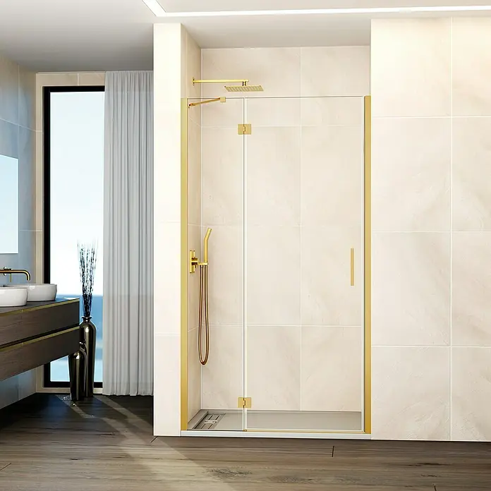 GME Mampara de ducha frontal Glass D - 70 x 195 cm, Oro, An x Al: 70 (20/50) x 195 cm - Cabina de ducha con herrajes dorados. La cabina de ducha tiene una puerta de vidrio y un marco dorado, además de un rociador.