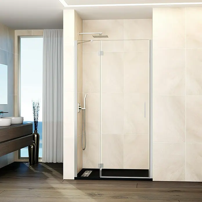 GME Mampara de ducha frontal Glass D - 70 x 195 cm, Nickel, An x Al: 70 (20/50) x 195 cm - Cabina de ducha con paneles de vidrio transparente y plato de ducha negro en un baño luminoso. Accesorios modernos y azulejos completan el diseño.