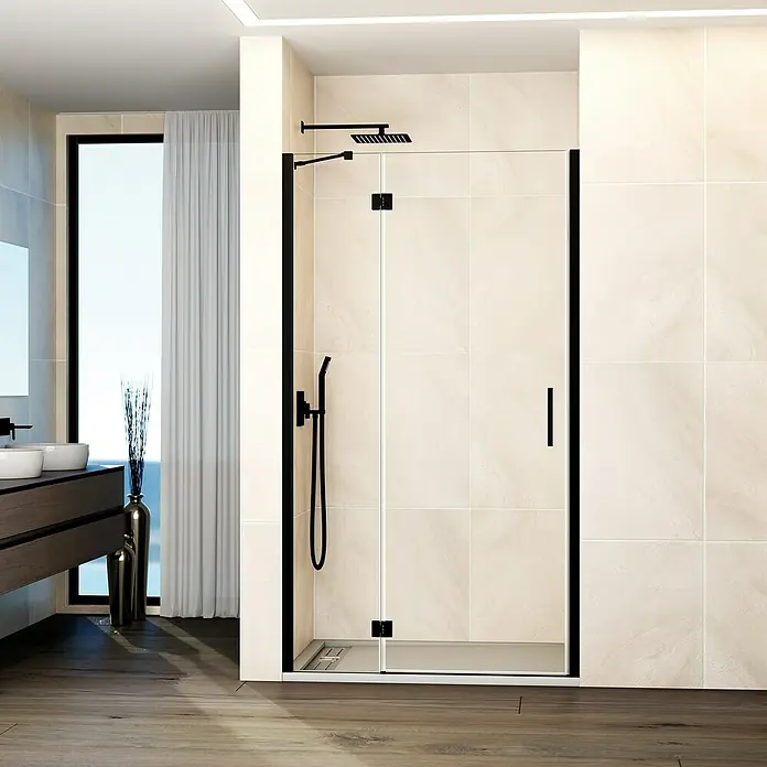 GME Mampara de ducha frontal Glass D - 70 x 195 cm, Espesor de vidrio: 8 mm, Negro, An x Al: 70 (20/50) x 195 cm - Elegante cabina de ducha con marco negro y vidrio transparente. Su diseño moderno se adapta a cualquier baño.