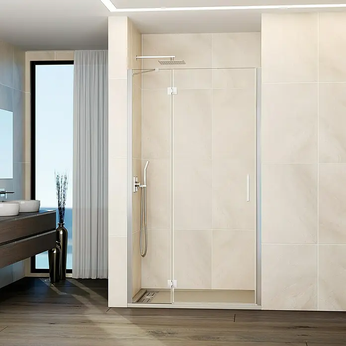 GME Mampara de ducha frontal Glass D - 70 x 195 cm, Cromo, An x Al: 70 (20/50) x 195 cm - Una moderna mampara de ducha con líneas limpias y herrajes cromados, que complementa un diseño de baño elegante. La ducha ofrece espacio y comodidad.