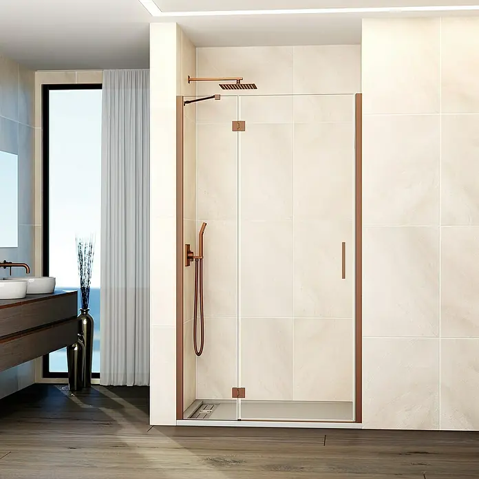 GME Mampara de ducha frontal Glass D - 70 x 195 cm, Cobre, An x Al: 70 (20/50) x 195 cm - Imagen de una cabina de ducha moderna con accesorios de cobre, que combina elegancia y funcionalidad.
