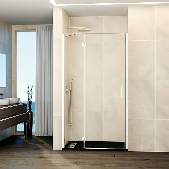 GME Mampara de ducha frontal Glass D - 70 x 195 cm, Blanco, An x Al: 70 (20/50) x 195 cm - Cabina de ducha con puerta de vidrio, ducha de lluvia y ducha de mano en un baño moderno con azulejos beige y suelo de madera oscura.