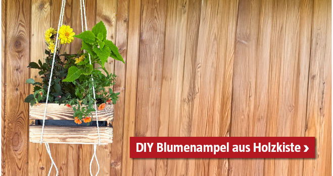 Selbstgemachte Blumenampel aus einer Holzkiste hängt auf der Terrasse, mit Blumen bepflanzt