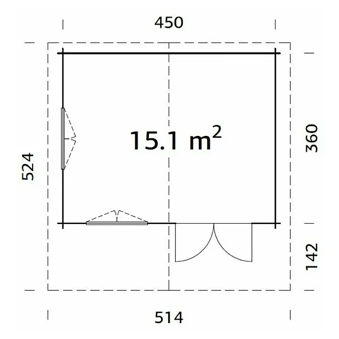 Palmako Gartenhaus - Außenmaß inkl. Dachüberstand (B x T): 514 x 524 cm, Holz, Natur, tauchgrundiert - Grundriss des Gartenhauses mit Maßen. Die Abmessungen sind 514 x 524 cm, die Innenfläche beträgt 15,1 m².
