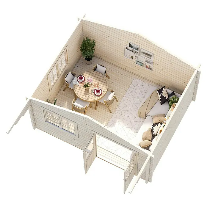 Palmako Gartenhaus - Außenmaß inkl. Dachüberstand (B x T): 514 x 524 cm, Holz, Grau - Einblick in ein Blockhaus mit Essbereich und Wohnzimmer. Helle Holzwände schaffen eine gemütliche Atmosphäre.