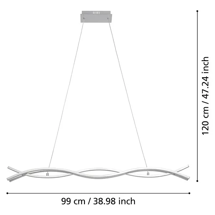 Eglo Lasana 2 LED-Pendelleuchte - 35 W, L x B x H: 100 x 8 x 120 cm, Silber, Warmweiß - Bild einer modernen LED-Hängeleuchte mit den Maßen 120 cm Höhe und 99 cm Breite.