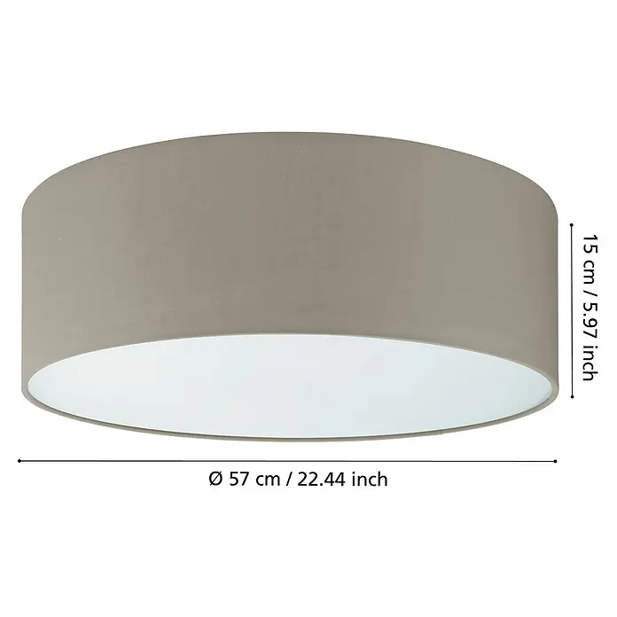 Eglo Pasteri Deckenleuchte rund - 180 W, Ø x H: 570 mm x 15 cm, Taupe, Weiß, E27 - Abbildung einer Deckenleuchte in Zylinderform mit den Maßen Höhe 15cm und Durchmesser 57cm.