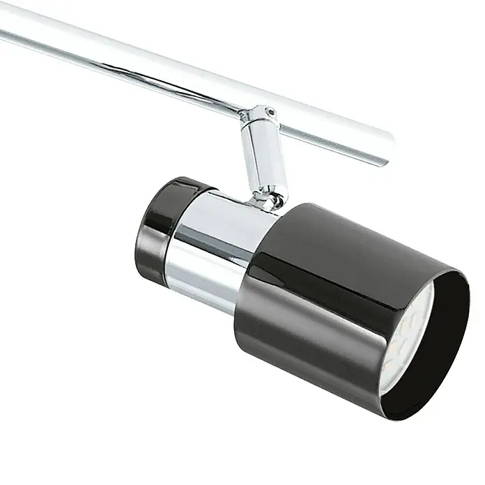 Eglo LED-Deckenleuchte Davida 1 - 20 W, Chrom, Nickel, Schwarz, Warmweiß - Ein schicker, verstellbarer LED-Strahler in Schwarz und Chrom, montiert an einer Metallschiene, perfekt für moderne Beleuchtungskonzepte.