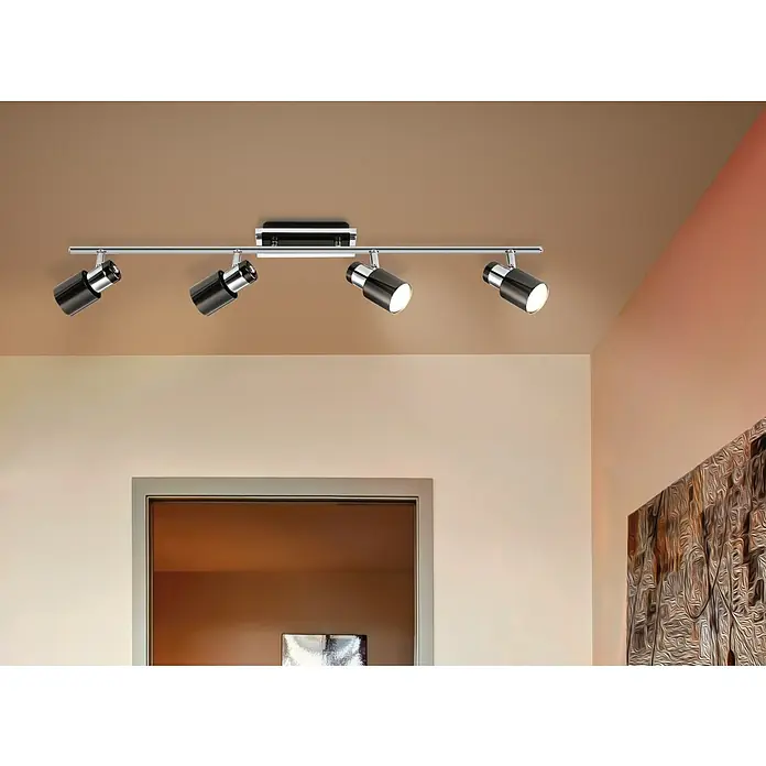 Eglo LED-Deckenleuchte Davida 1 - 20 W, Chrom, Nickel, Schwarz, Warmweiß - Deckenleuchte mit vier schwarzen Strahlern an einer Chromstange montiert. Die Leuchten sind verstellbar und beleuchten den Raum gezielt.